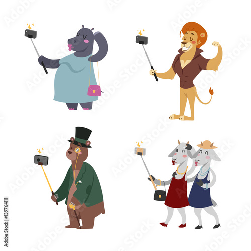 Funny picture photographer mamal person take selfie stick in his hand and cute animal taking a selfie together with smartphone camera vector illustration.