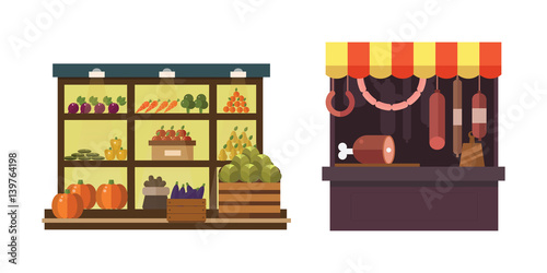 Fruit, vegetables, milk products, meat, bakery shop stall vector set