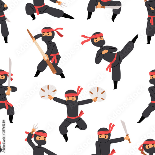 Different poses of ninja fighter in black cloth character warrior sword martial weapon japanese man and karate cartoon person seamless pattern vector.
