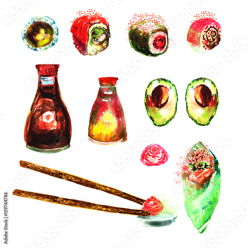 Seamless Pattern of Watercolor Sushi and Japanese Food photo