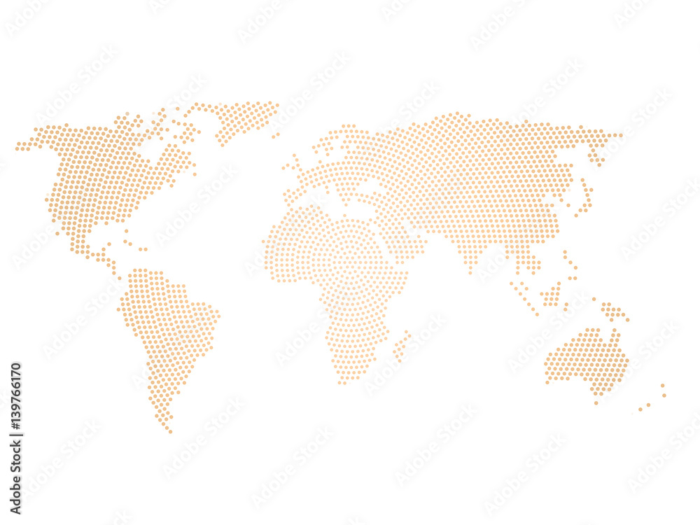Black halftone world map of small dots in radial arrangement. Simple flat vector illustration on white background.