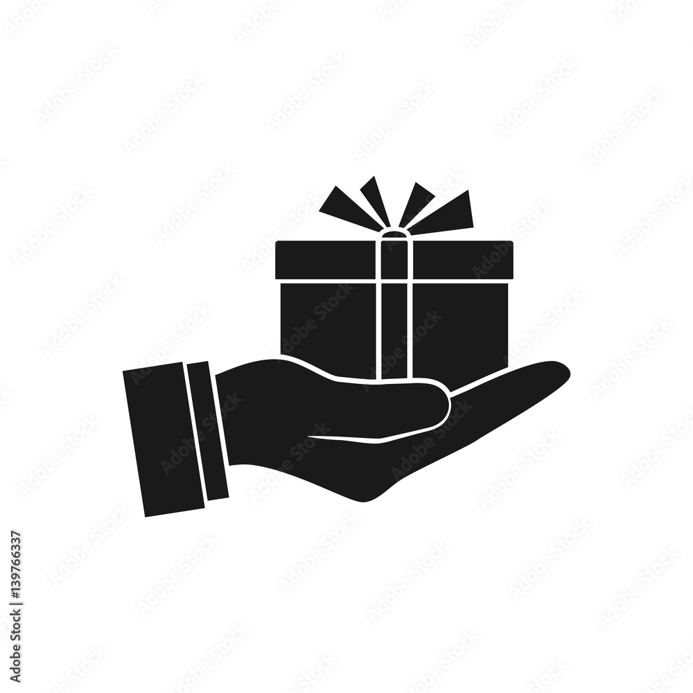 Gift box in hand, icon, silhouette. Vector illustration flat design.  Isolated on white background. Human giving, receiving surprise box hold in  palm. Delivery of gifts for the holiday. Stock Vector | Adobe