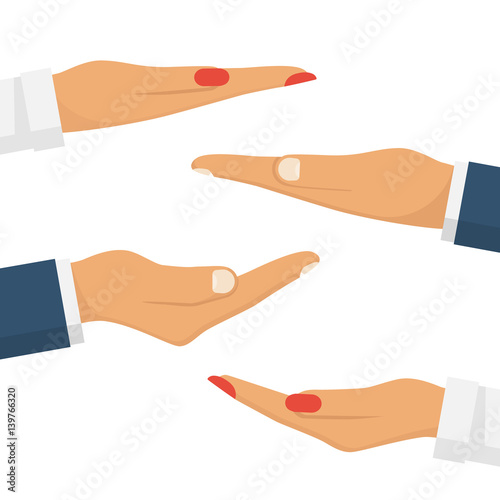 Set the hands of men and women palms up to showcase objects. People makes a gesture with hands. Vector illustration flat design. Isolated on white background. Empty space, template for demonstrations.