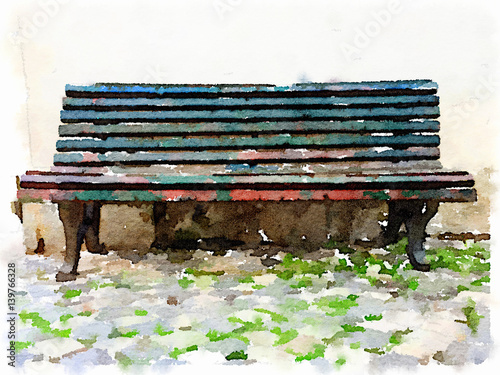 Digital watercolor painting of a rustic bench with flaking paint stood on a cobbled stone ground with space for text. 