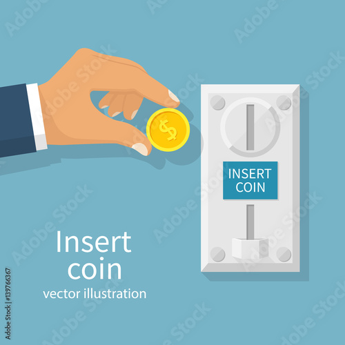 Inserting coin to slot on vending machine. Man holding money in hand. Arcade machine. Vector illustration flat design. Isolated on background.