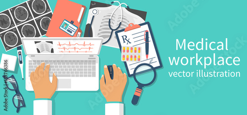 Doctor with laptop at desk studying documents of diagnostic research. Workplace doctor at table. Top view of the workplace, medical equipment. Vector illustration flat design. Isolated on background.