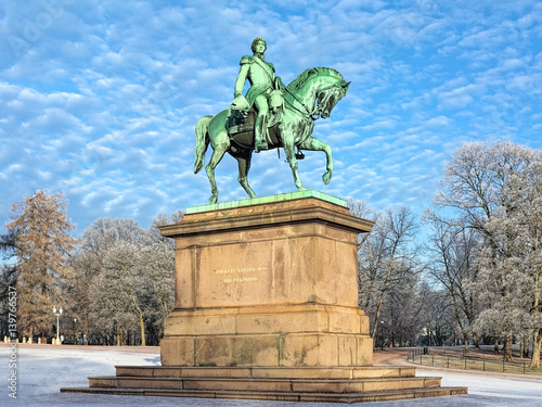 Photography Equestrian statue of Karl XIV Johan in Oslo in winter, Norway