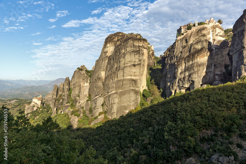 Amazing view of Rock Pillars and Holy Monasteries of Varlaam and St. Nicholas Anapausas in Meteora, Thessaly, Greece