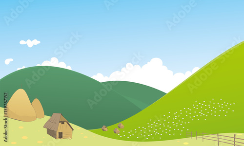 Flock of sheep and shepherd house on hill