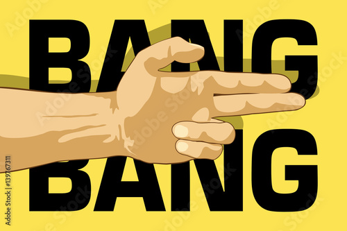 Bang bang hand. Gun hand gesture on yellow background