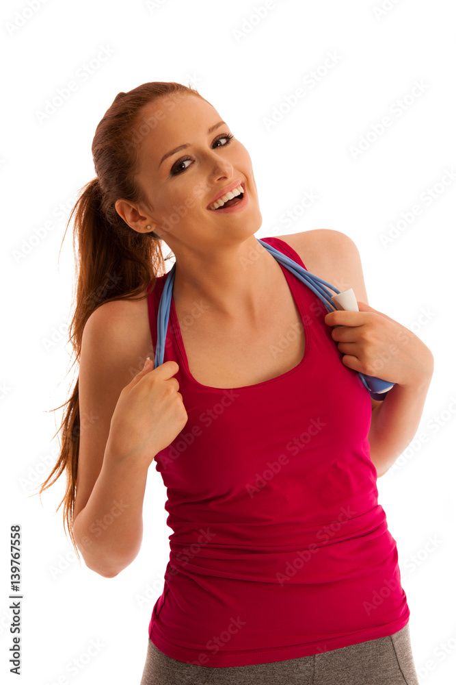 speed rope - woman with speed rope around her neck isolated over white background speed rope - woman with speed rope around her neck isolated over white background