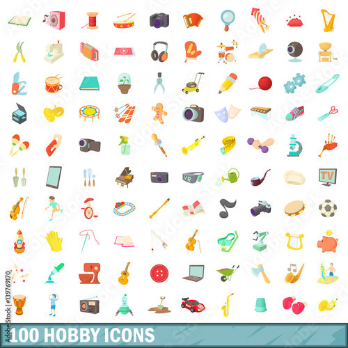 100 hobby icons set, cartoon style