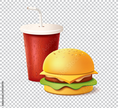 Realistic burger and cola with 3d effect. Fast food. Bot appetit!