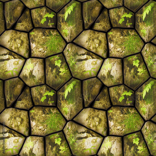 Seamless pattern with leaves, grass and cracked stones. Natural brown, green and yellow background of polygonal stones and plants