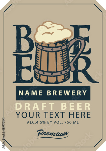 Template vector draft beer label with full wooden mug