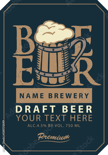 Template vector draft beer label with full wooden mug on a black background