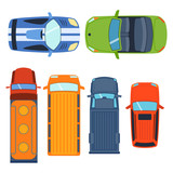 Overhead top view on colorful car toys different pickup automobile transport and collection wheel transportation design vector illustration.