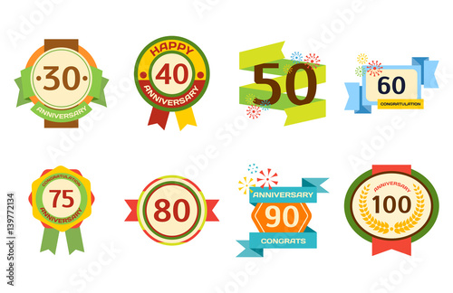 Birthday badge banner design flat set celebration emblem anniversary card dat...