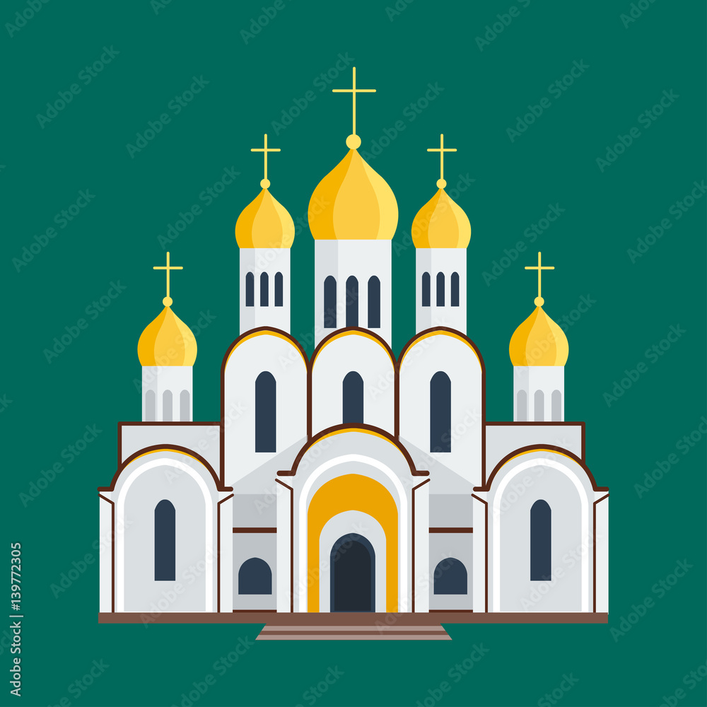 Cathedral orthodox churche temple building landmark tourism world religions and famous structure traditional city ancient old tower vector illustration.