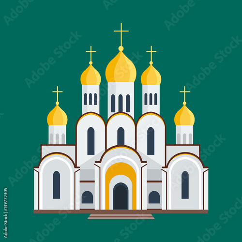 Cathedral orthodox churche temple building landmark tourism world religions and famous structure traditional city ancient old tower vector illustration.