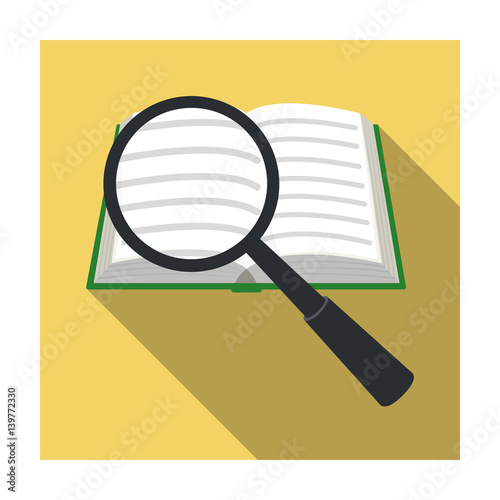 Seraching of information in the book icon in flat style isolated on white background. Library and bookstore symbol stock vector illustration.