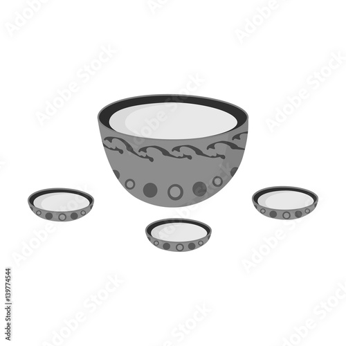 A plate with three cups and Mongolian ornaments.The national dish of the Mongols.Mongolia single icon in monochrome style vector symbol stock illustration.
