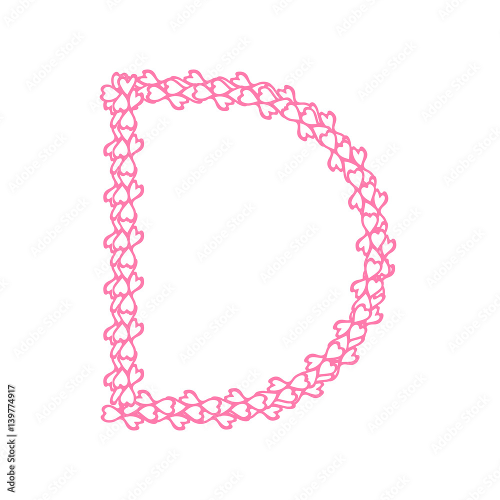 The letter D, in the alphabet Heart flower petals illustration set flat design pink color isolated on white background, vector eps10