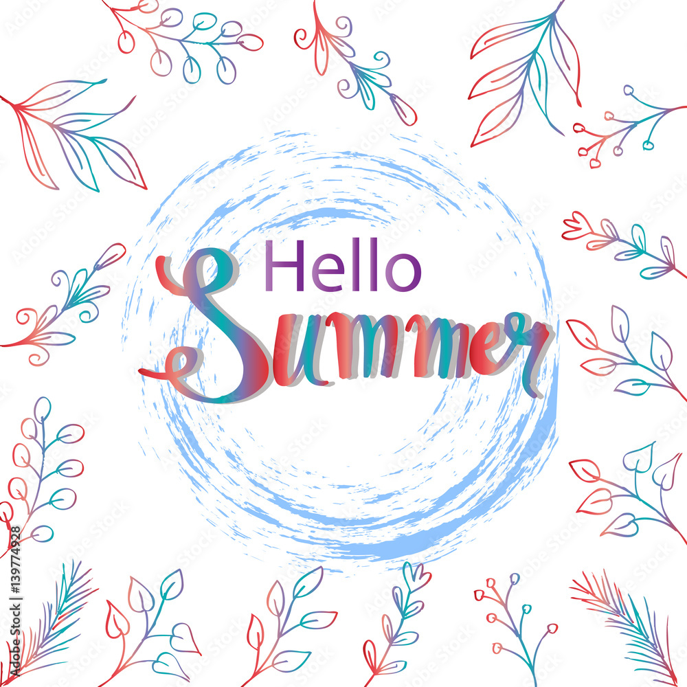 Hello summer hand lettering. Summer background.