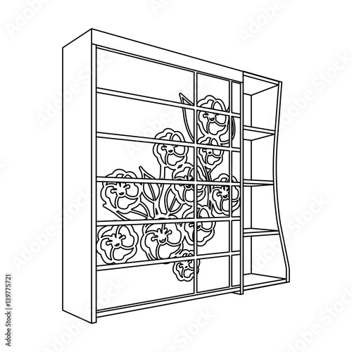 Black bedroom wardrobe with cells.Wardrobe with a beautiful rose on the door.Bedroom furniture single icon in outline style vector symbol stock illustration.