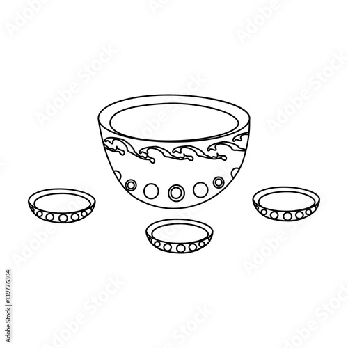 A plate with three cups and Mongolian ornaments.The national dish of the Mongols.Mongolia single icon in outline style vector symbol stock illustration.