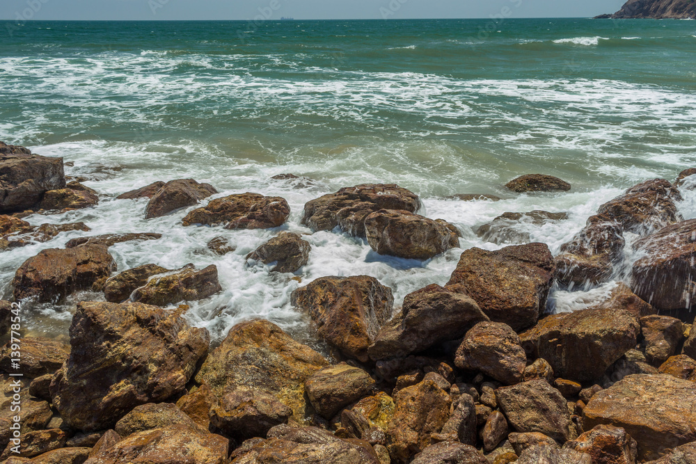 Close up view of seascape with hard rocks and still waves, Kailashgiri, Visakhapatnam, Andhra Pradesh, March 05 2017