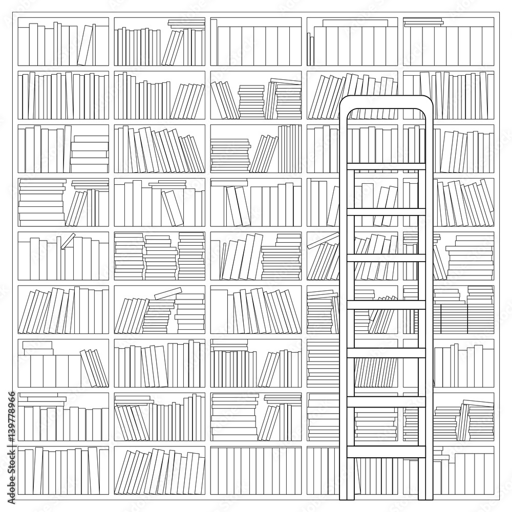 Fototapeta premium Bookshelf with Ladder. Outline Drawing of a Bookshelf with Ladder