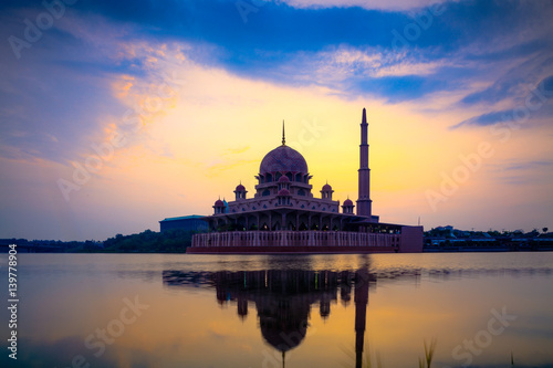 Putra mosque during sunrise with reflection, Malaysia