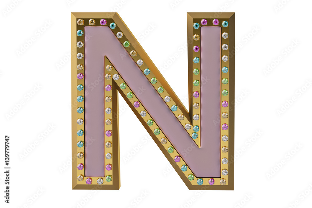 Luxury golden alphabet with diamonds isolated on white background letter N.3D illustration. Luxury golden alphabet with diamonds isolated on white background letter N.3D illustration.
