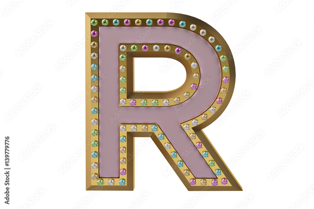Luxury golden alphabet with diamonds isolated on white background letter R.3D illustration.