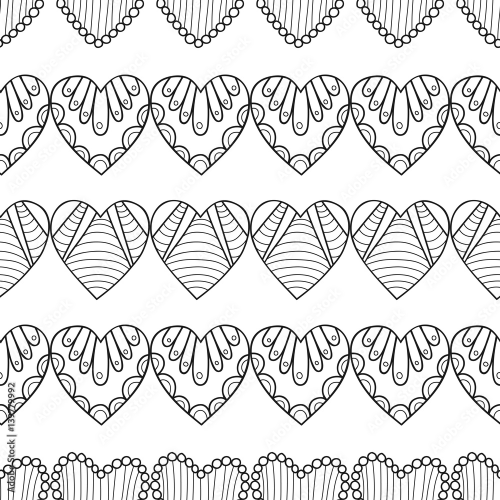 Black and white seamless pattern with decorative hearts for coloring book, page. Romantic ornament. Black and white seamless pattern with decorative hearts for coloring book, page. Romantic ornament.