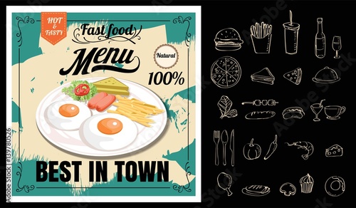 Vintage Poster. Breakfast menu. Set on the chalkboard.Design in retro style