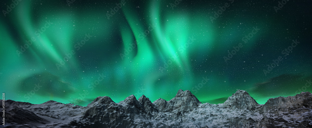 Aurora borealis above snowy islands - obrazy, fototapety, plakaty 