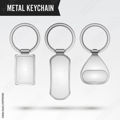 Realistic Template Metal Keychain Vector Set. 3d Key Chain With Ring For Key Isolated On White Background