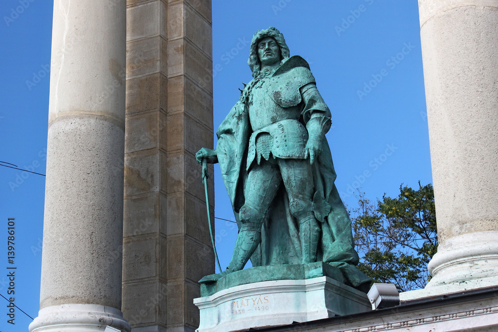 Bronze sculpture of king Matthias I (Zala Gyorgy, 1905) in Budapest, Hungary. As part of Millennium Monument on the Heroes' Square. Matthias Corvinus was King of Hungary and Croatia from 1458 to 1490.