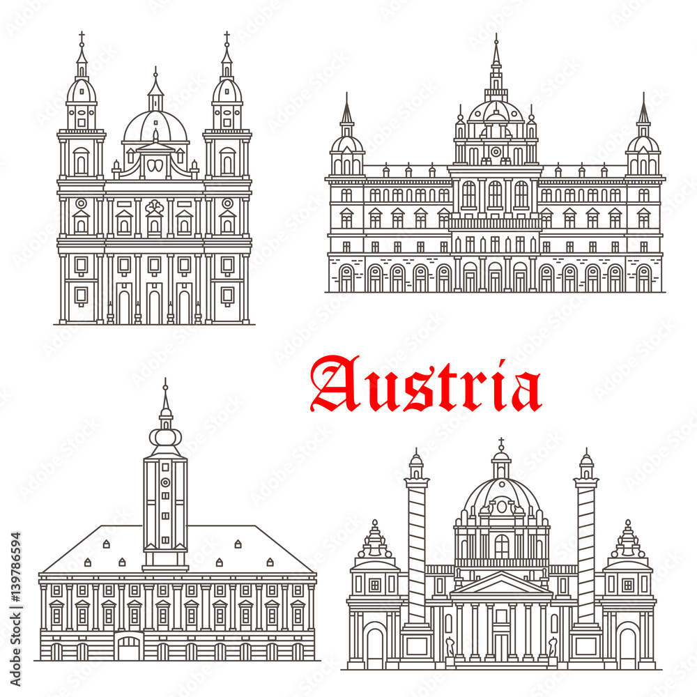 Austria architecture buildings vector icons