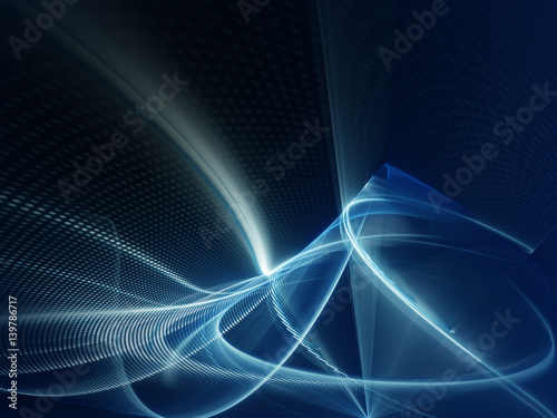 Abstract background element. Fractal graphics series. Three-dimensional composition of glowing lines and mosaic halftone effects. Information and energy concept. Blue and black colors.
