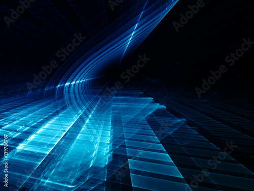 Fototapeta Naklejka Na Ścianę i Meble -  Abstract background element. Three-dimensional composition of glowing grids and wave shapes. Science and technology concept. Blue and black colors.