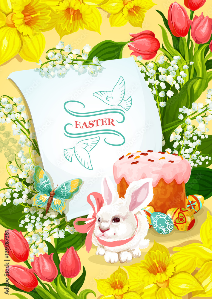 Easter and Egg Hunt poster with rabbit, egg, cake