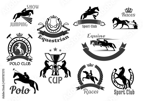 Horse racing club emblems or vector icons set