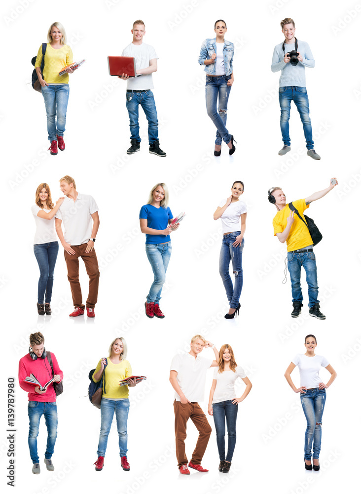 Obraz premium Group of happy students. Collection set isolated on a white backgound.