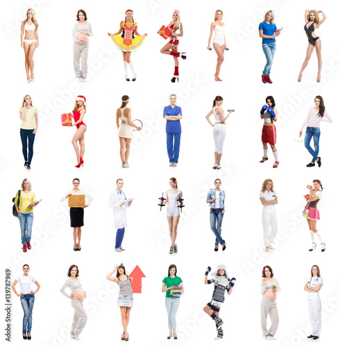 Fototapeta Naklejka Na Ścianę i Meble -  Group of many different, beautiful, young ladies. Collection set  isolated on white background. Different occupation concept.