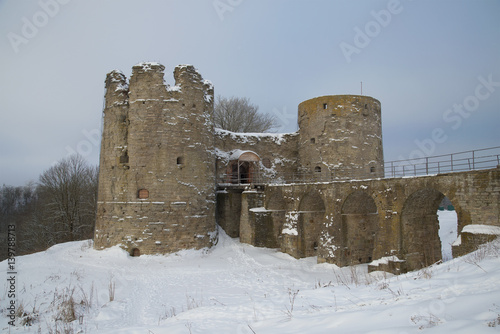 view of the medieval Koporie fortress, cloudy February day. Leningrad oblast, Russia