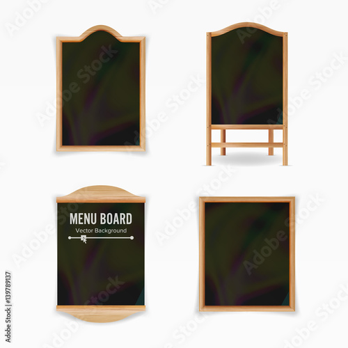 Menu Black Board Vector. Empty Cafe Menu Set. Realistic Wooden Chalkboard Blank Illustration