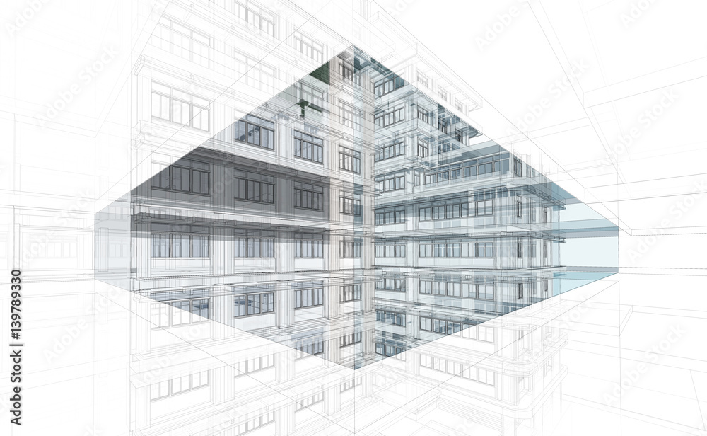 Abstract Architecture background. Perspective 3d Wireframe of building
